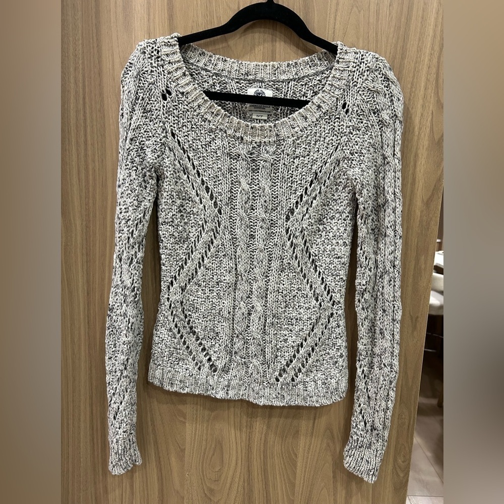 American Eagle Women's Cable Knit Sweater Long Sleeve Diamond Heather Gray Small